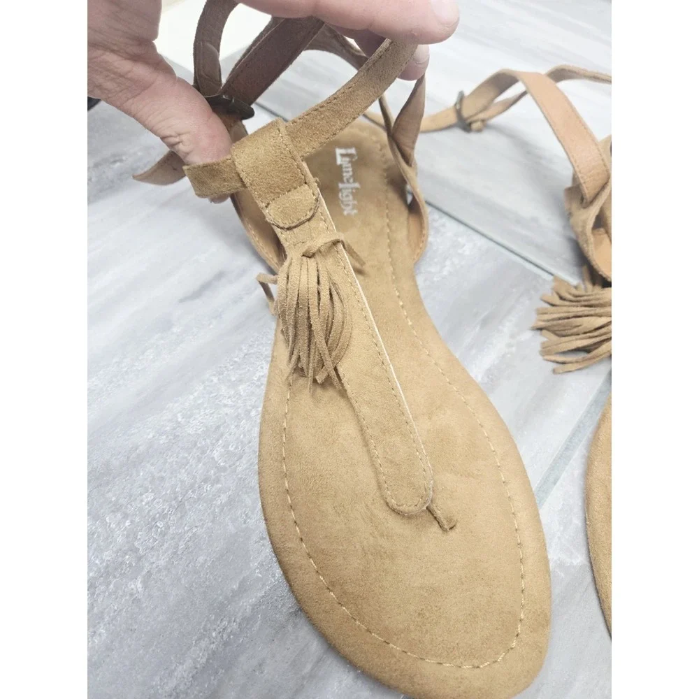 Lime Light Mocassin Tassle Suede Leather Toe Thong Sandal Brown Size 8.5